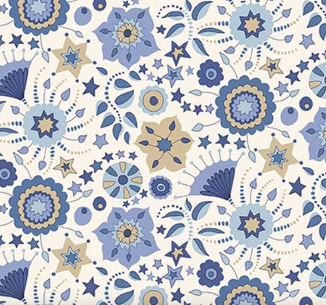 Liberty Summer Fair Festival Florals B - close up of blue kalmia flowers stars and fan shapes on white ground