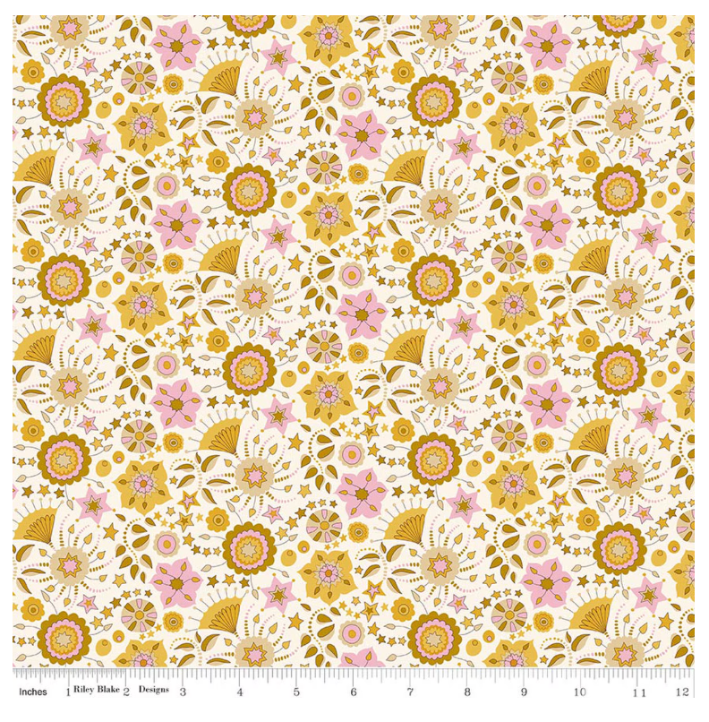 Liberty Summer Fair Festival Florals D - gold and pink botanical floral cotton fabric yardage view