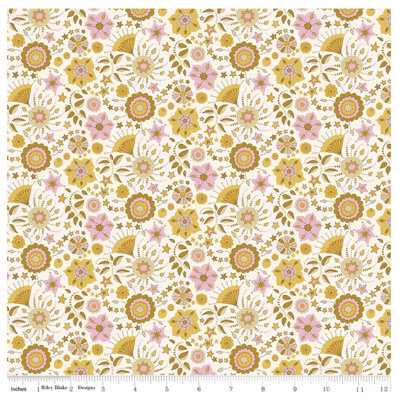 Liberty Summer Fair Festival Florals D - gold and pink botanical floral cotton fabric yardage view
