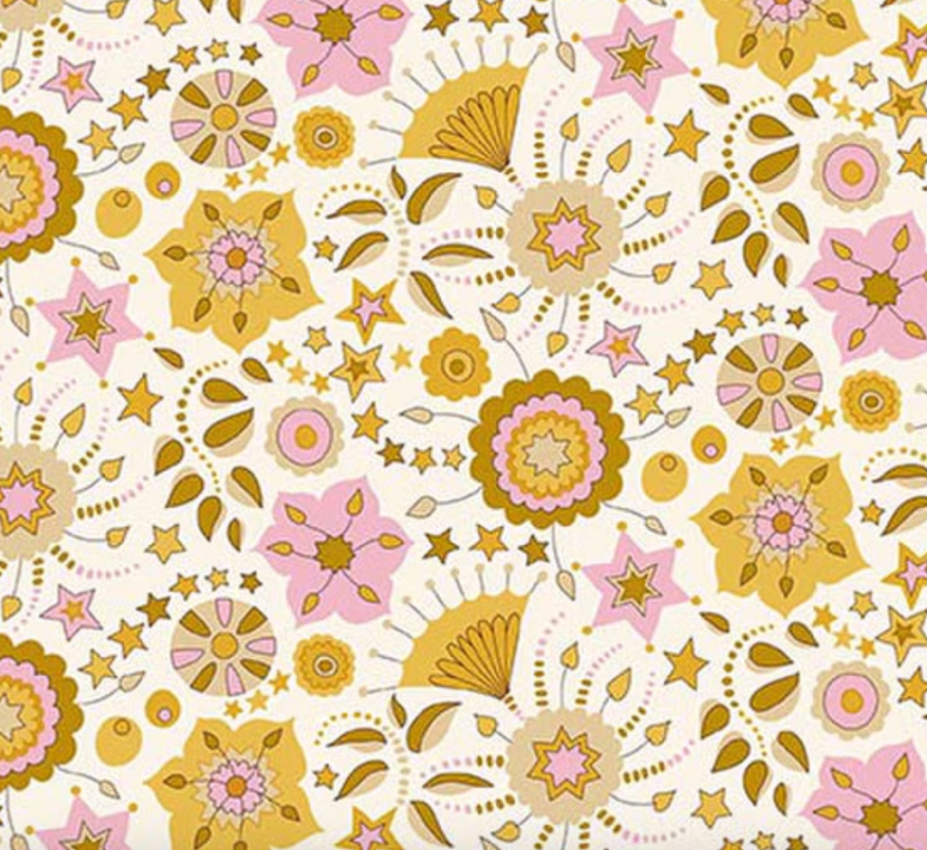 Liberty Summer Fair Festival Florals D - close up of golden kalmia flowers pink stars and fan shapes on cream ground