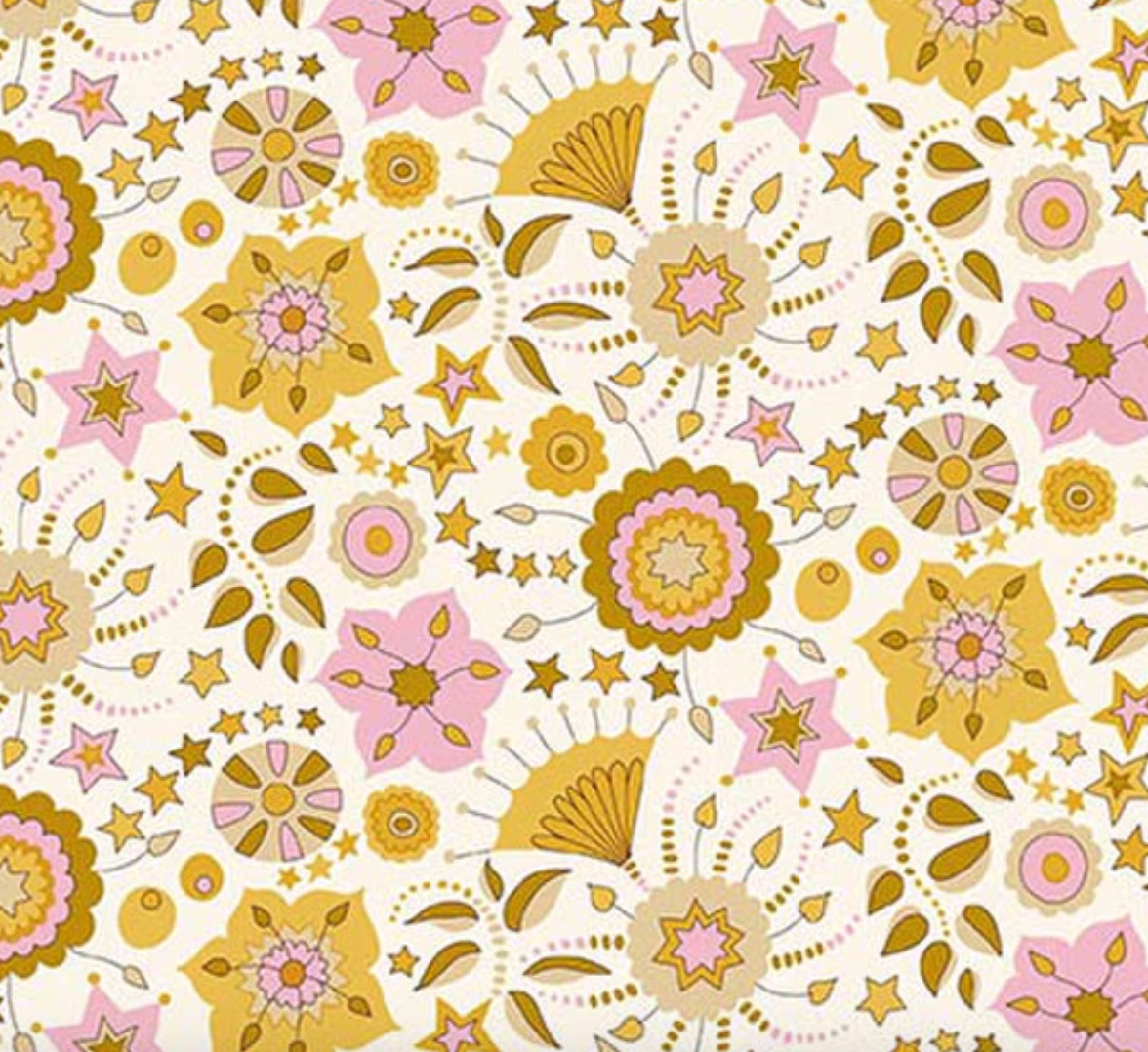 Liberty Summer Fair Festival Florals D - close up of golden kalmia flowers pink stars and fan shapes on cream ground