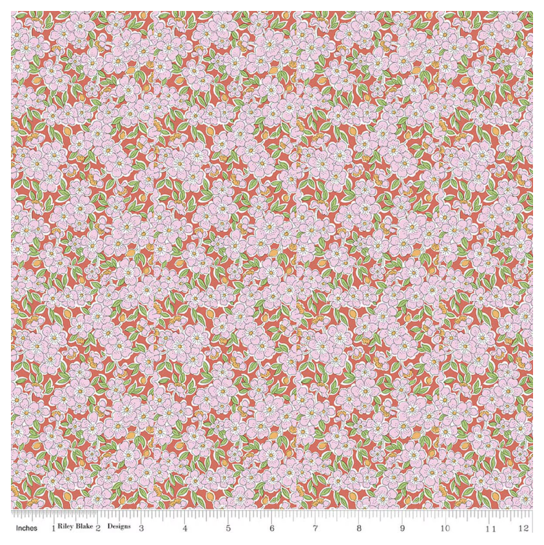 Liberty Gifts from the Garden Flowering Blossom A - pink blossoms on red cotton fabric yardage view