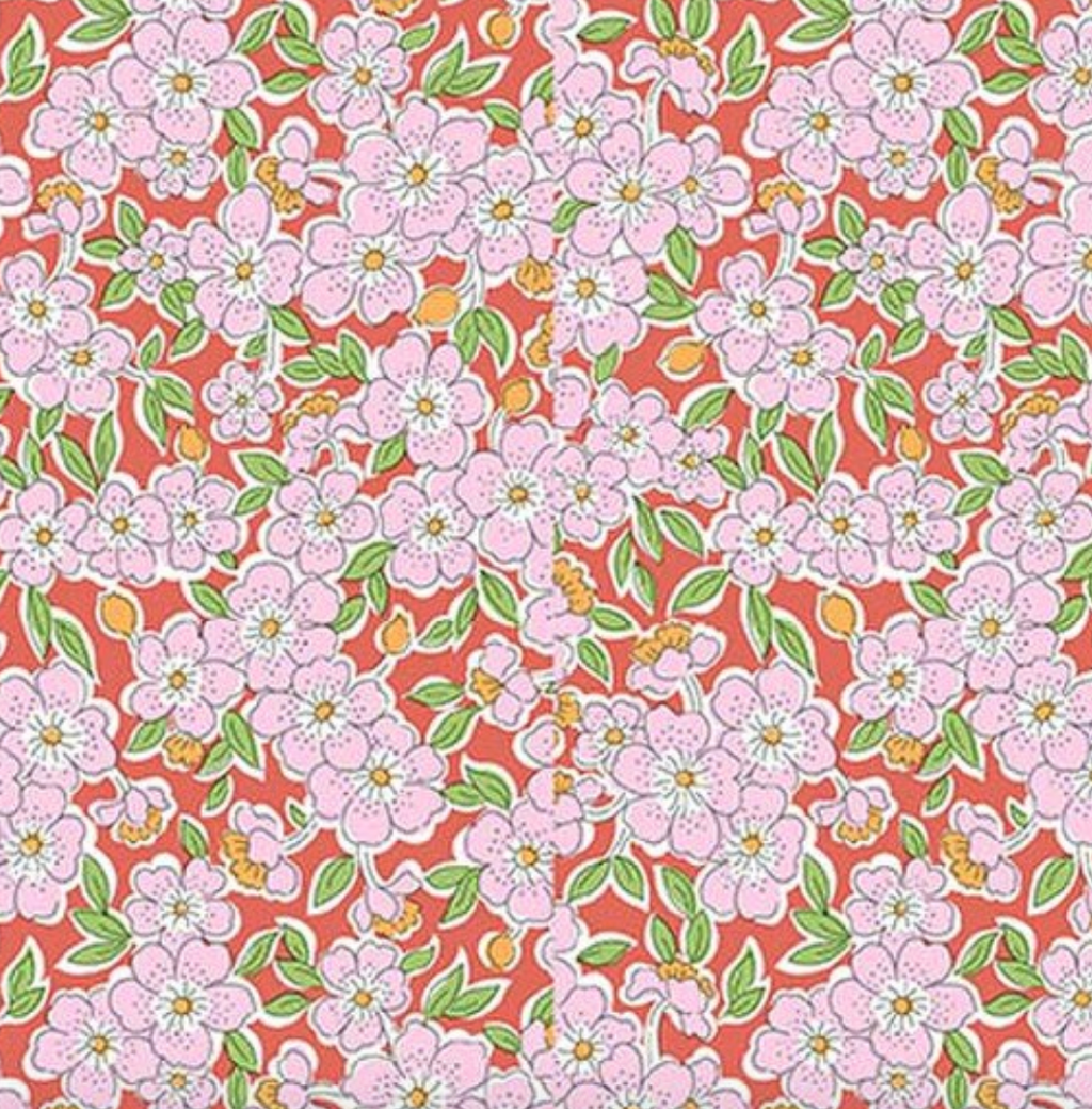 Liberty Gifts from the Garden Flowering Blossom A - close up of pink blossom flowers on red ground