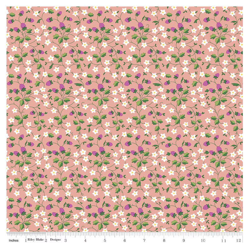 Liberty Gifts from the Garden Strawberry Picking A - pink strawberry and blossom cotton fabric yardage view