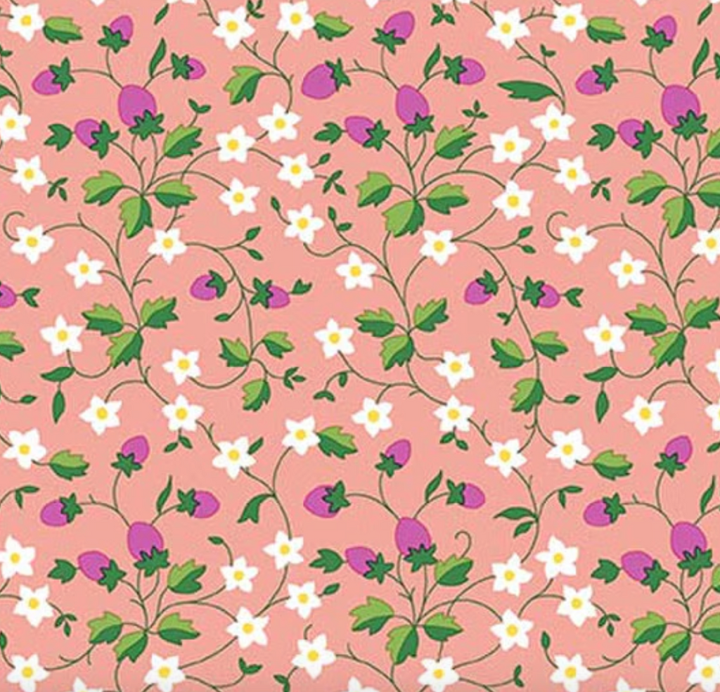 Liberty Gifts from the Garden Strawberry Picking A - close up of strawberries and white flowers on pink ground