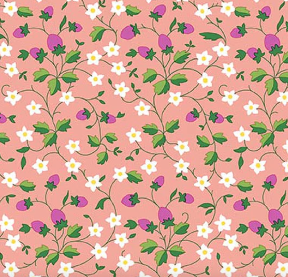 Liberty Gifts from the Garden Strawberry Picking A - close up of strawberries and white flowers on pink ground
