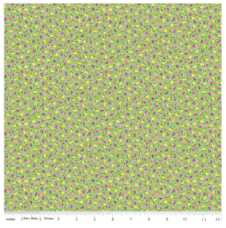 Liberty Gifts from the Garden Fruit Twist A - scattered fruit confetti on green cotton fabric yardage view