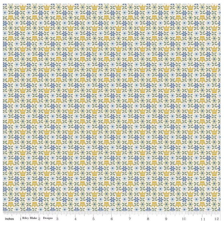 Liberty Palace Gardens Royal Posies A - blue flowers and gold crowns on cream cotton fabric yardage view
