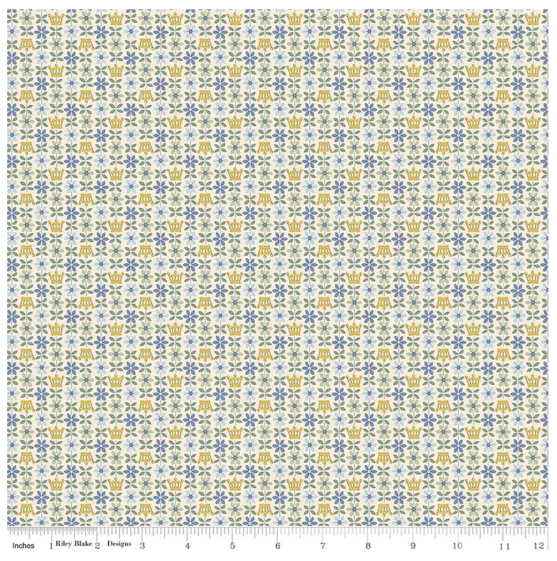 Liberty Palace Gardens Royal Posies A - blue flowers and gold crowns on cream cotton fabric yardage view