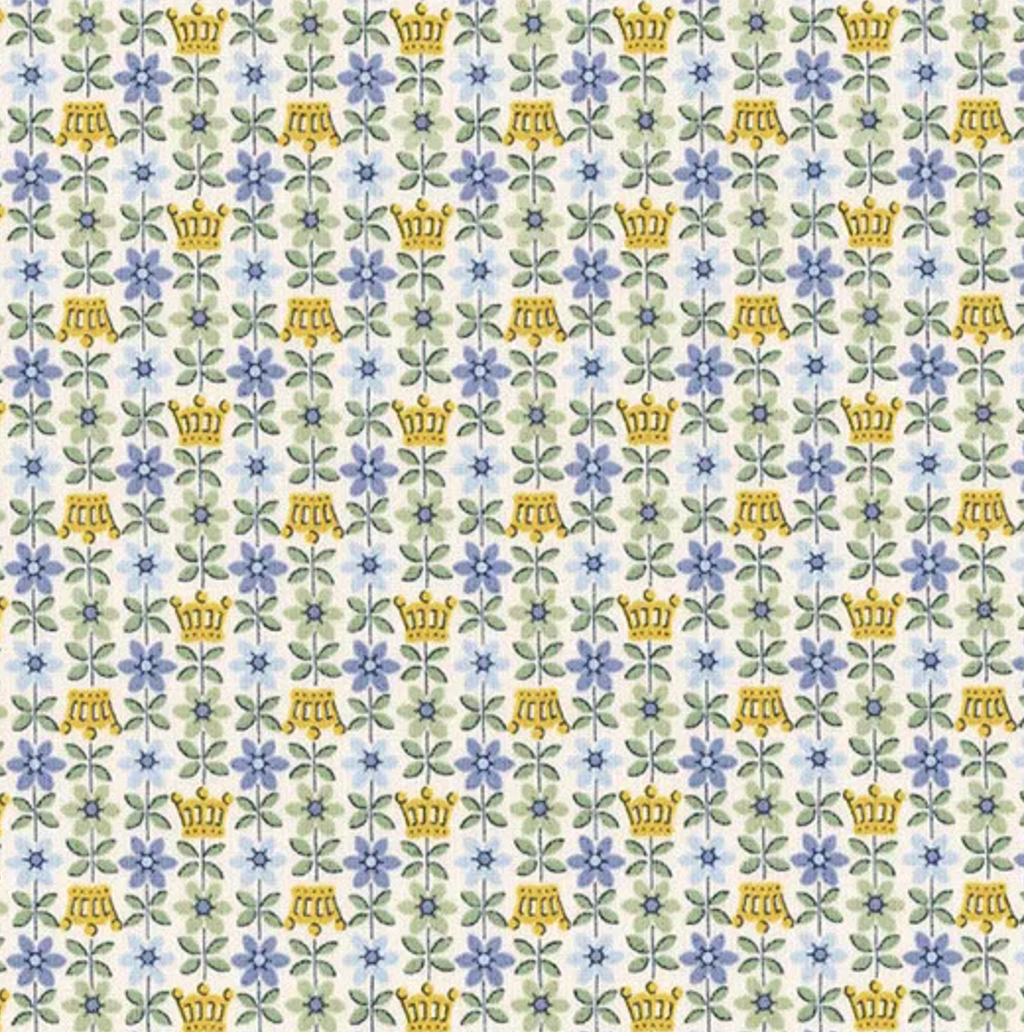 Liberty Palace Gardens Royal Posies A - close up of blue posies and golden crowns on cream ground