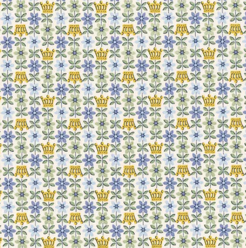 Liberty Palace Gardens Royal Posies A - close up of blue posies and golden crowns on cream ground