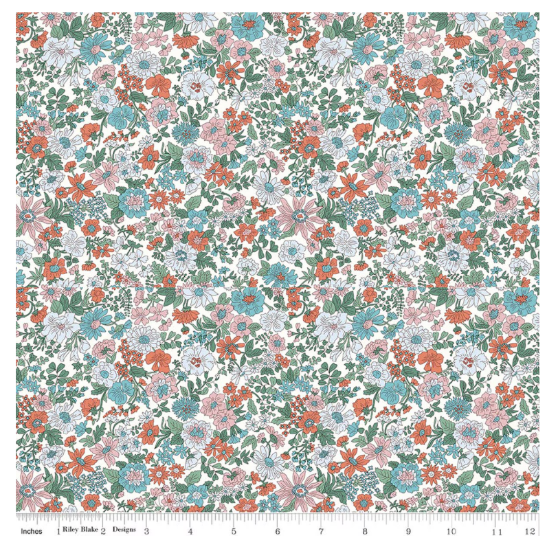 Liberty Emily Annabelle C - coral and teal floral cotton fabric yardage view