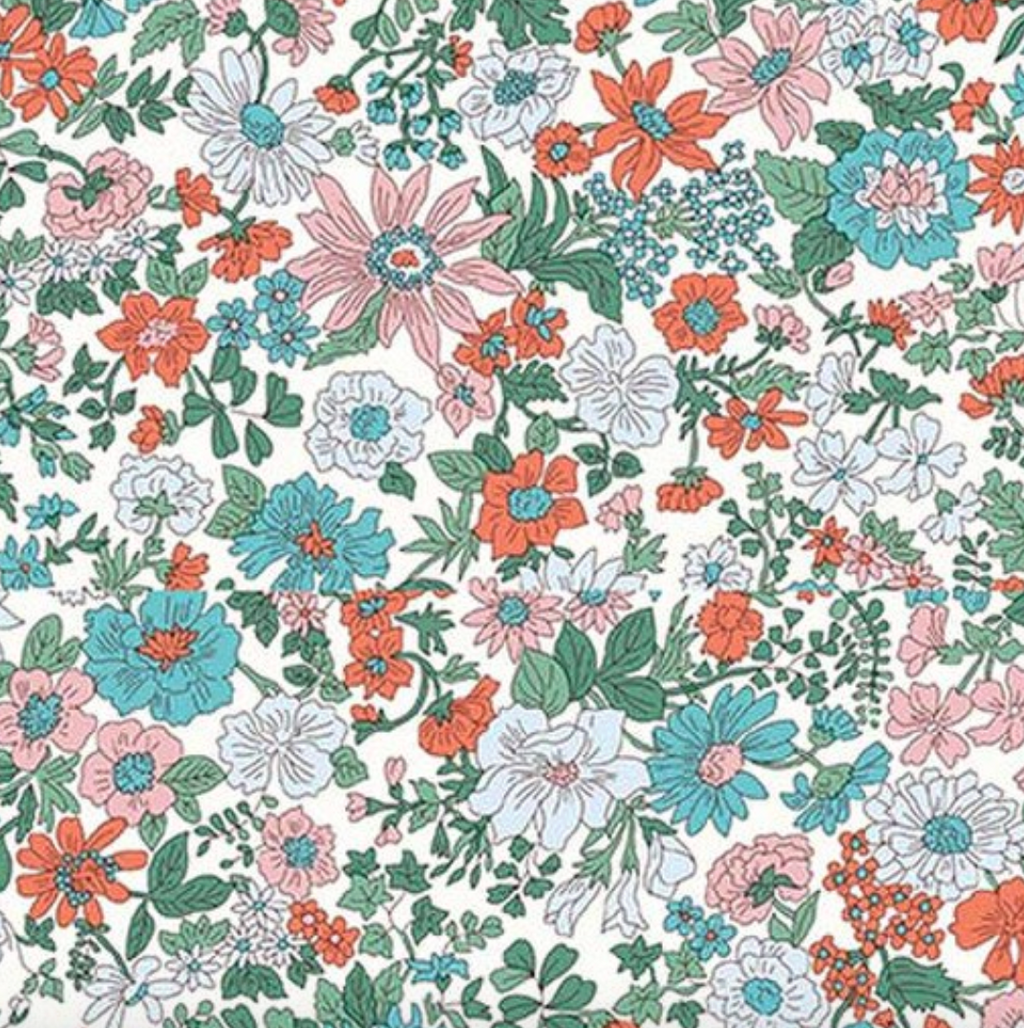 Liberty Emily Annabelle C - close up of coral and teal floral print