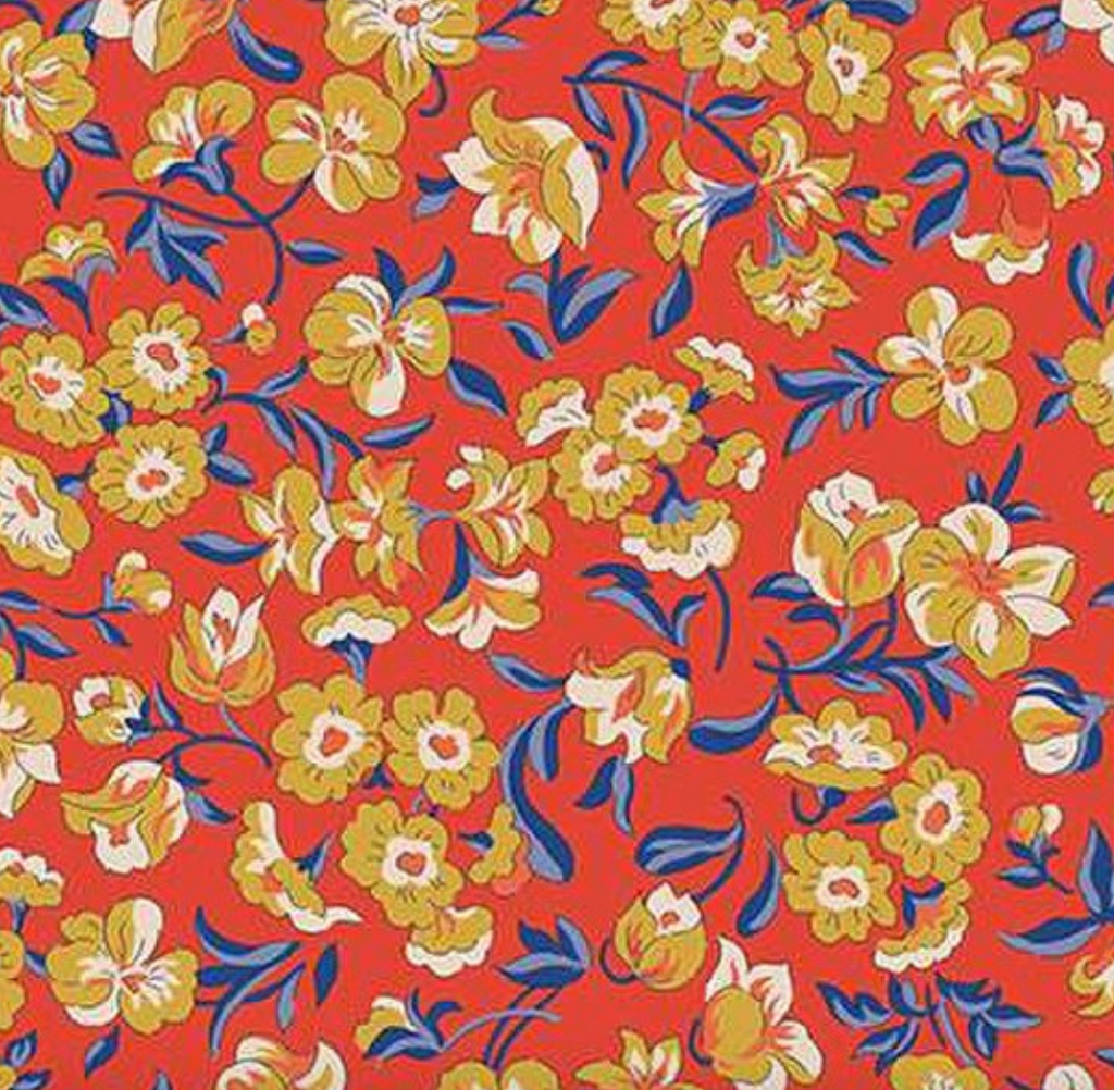 Liberty Floral Nostalgia Eleanor Grace A - close up of gold and blue florals on red ground