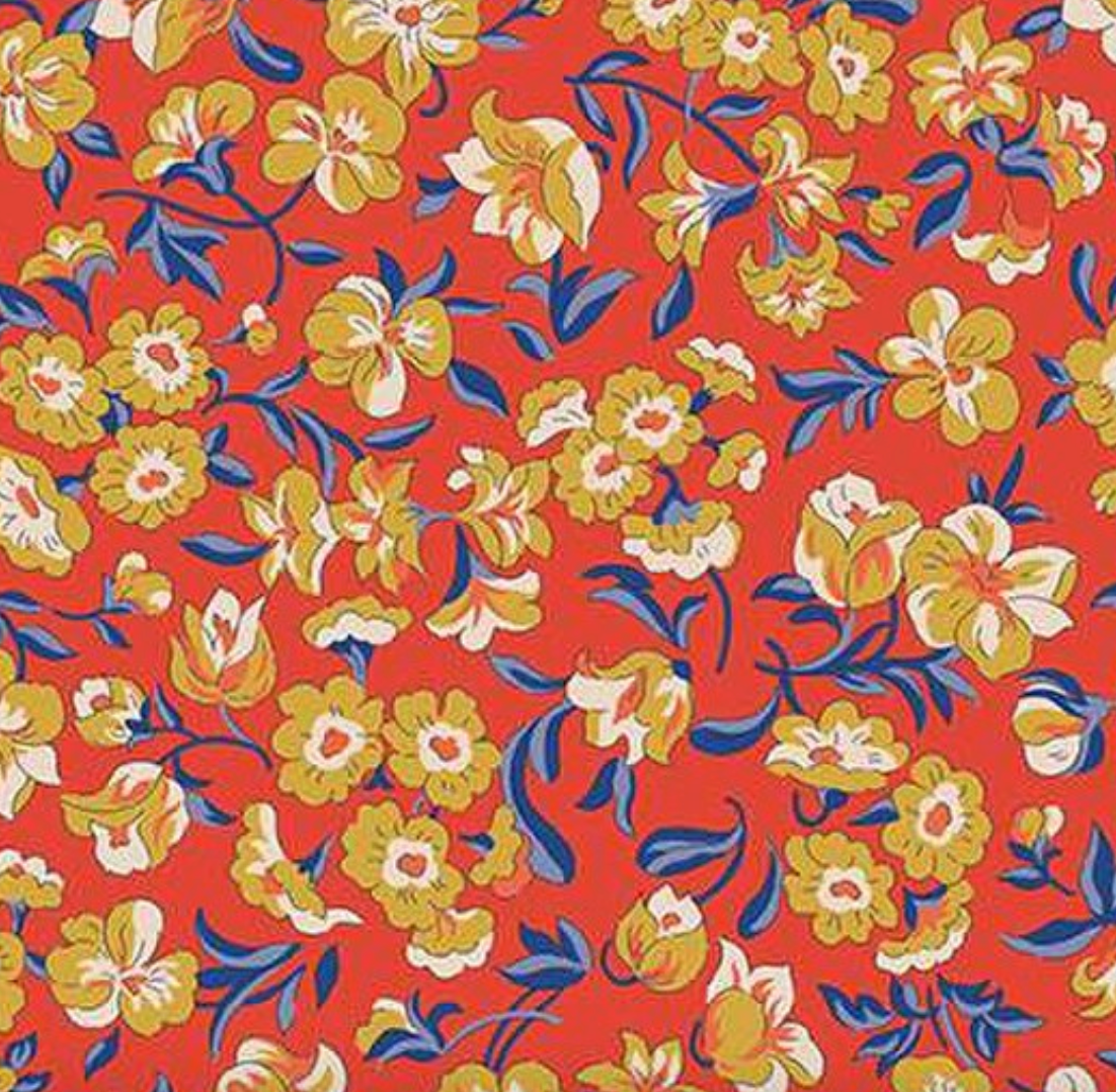 Liberty Floral Nostalgia Eleanor Grace A - close up of gold and blue florals on red ground