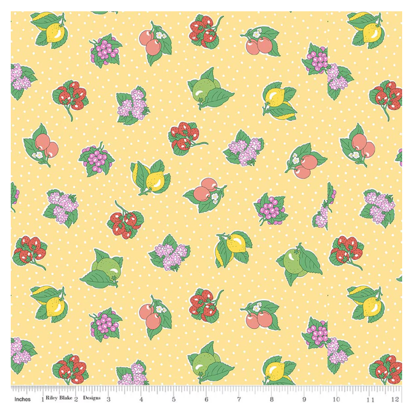 Liberty Gifts from the Garden Polka Fruit A - yellow polka dot fruit cotton fabric yardage view
