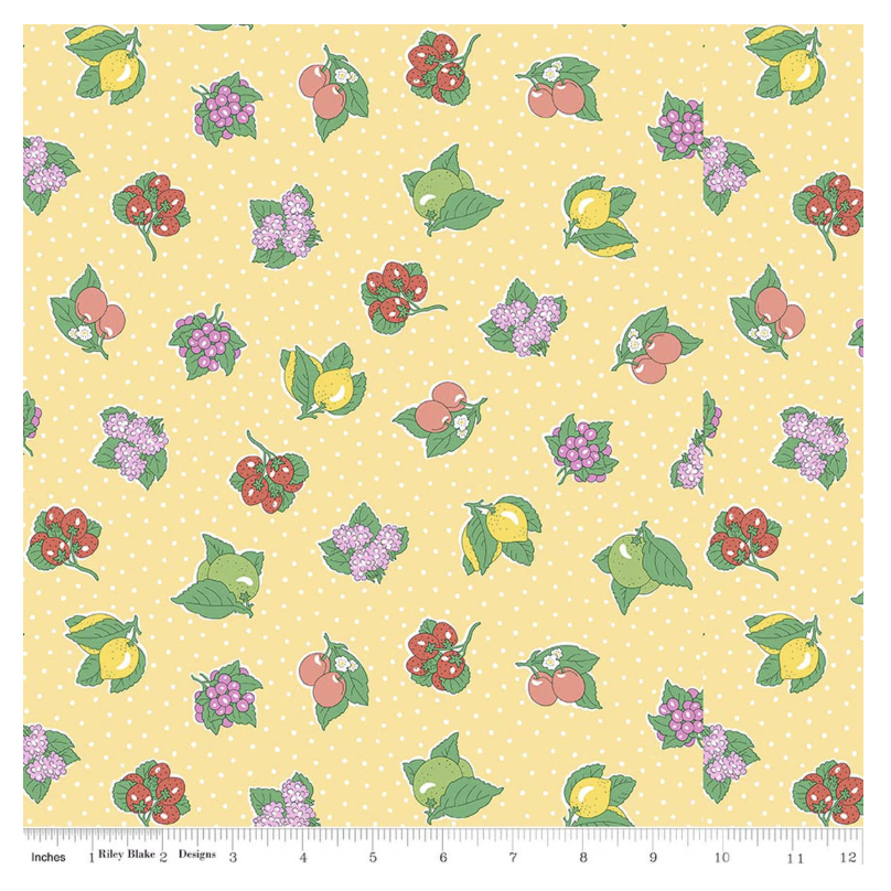 Liberty Gifts from the Garden Polka Fruit A - yellow polka dot fruit cotton fabric yardage view