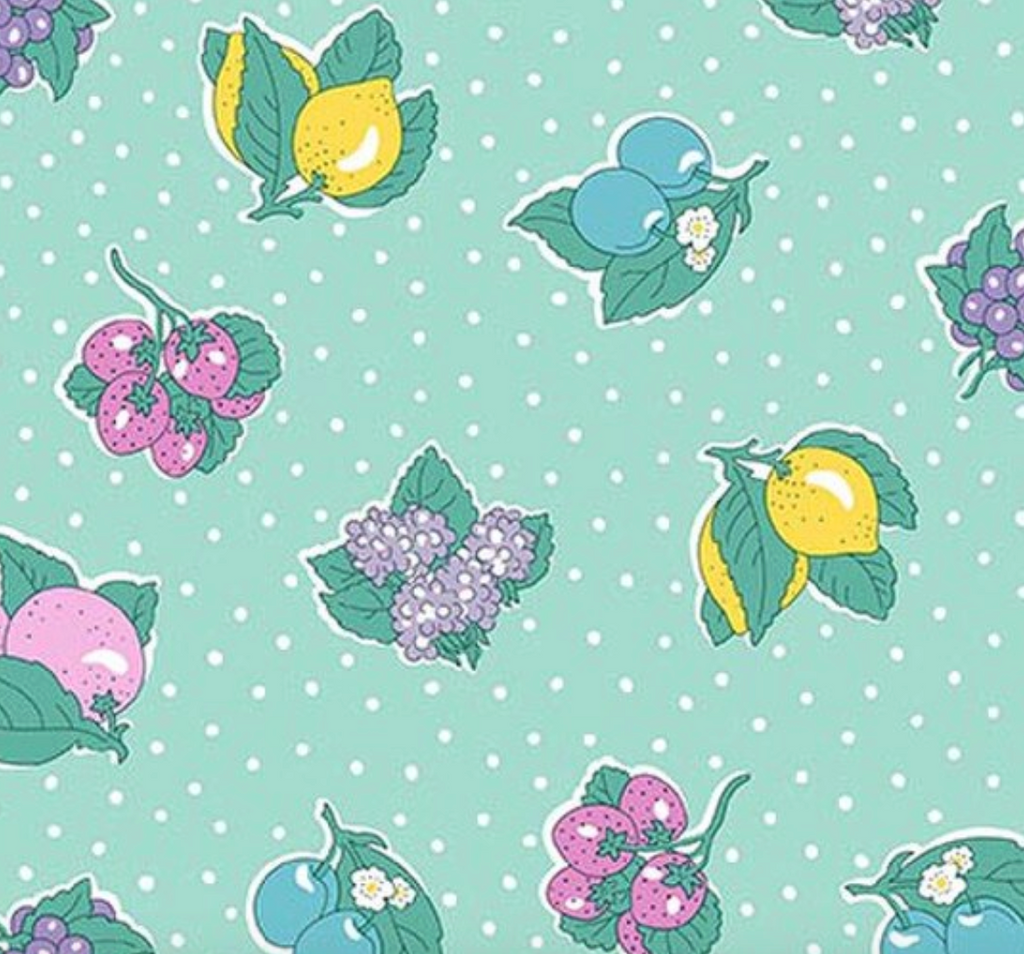 Liberty Gifts from the Garden Polka Fruit B - close up of fruit print on mint polka dot ground