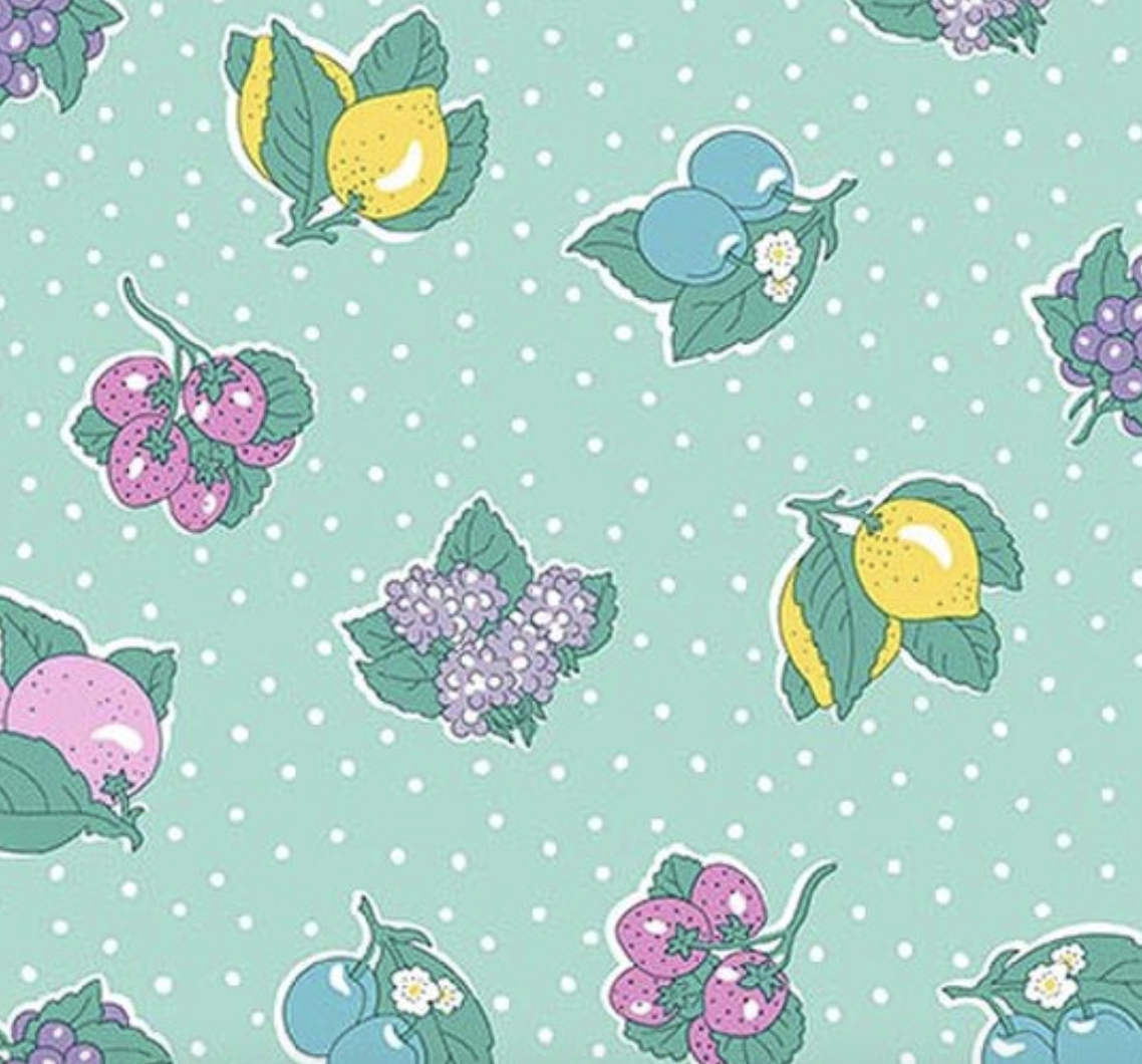 Liberty Gifts from the Garden Polka Fruit B - close up of fruit print on mint polka dot ground
