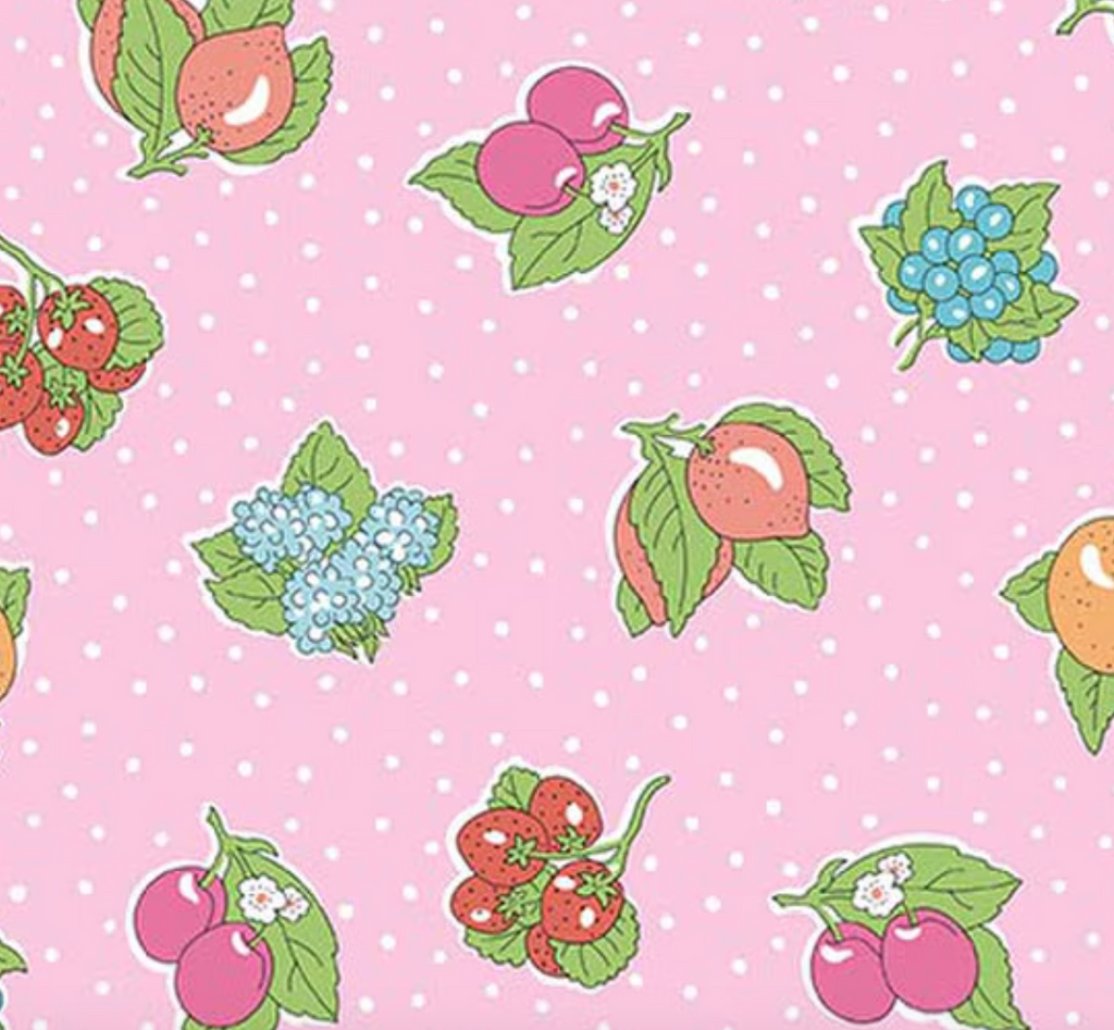 Liberty Gifts from the Garden Polka Fruit C - close up of fruit print on pink polka dot ground