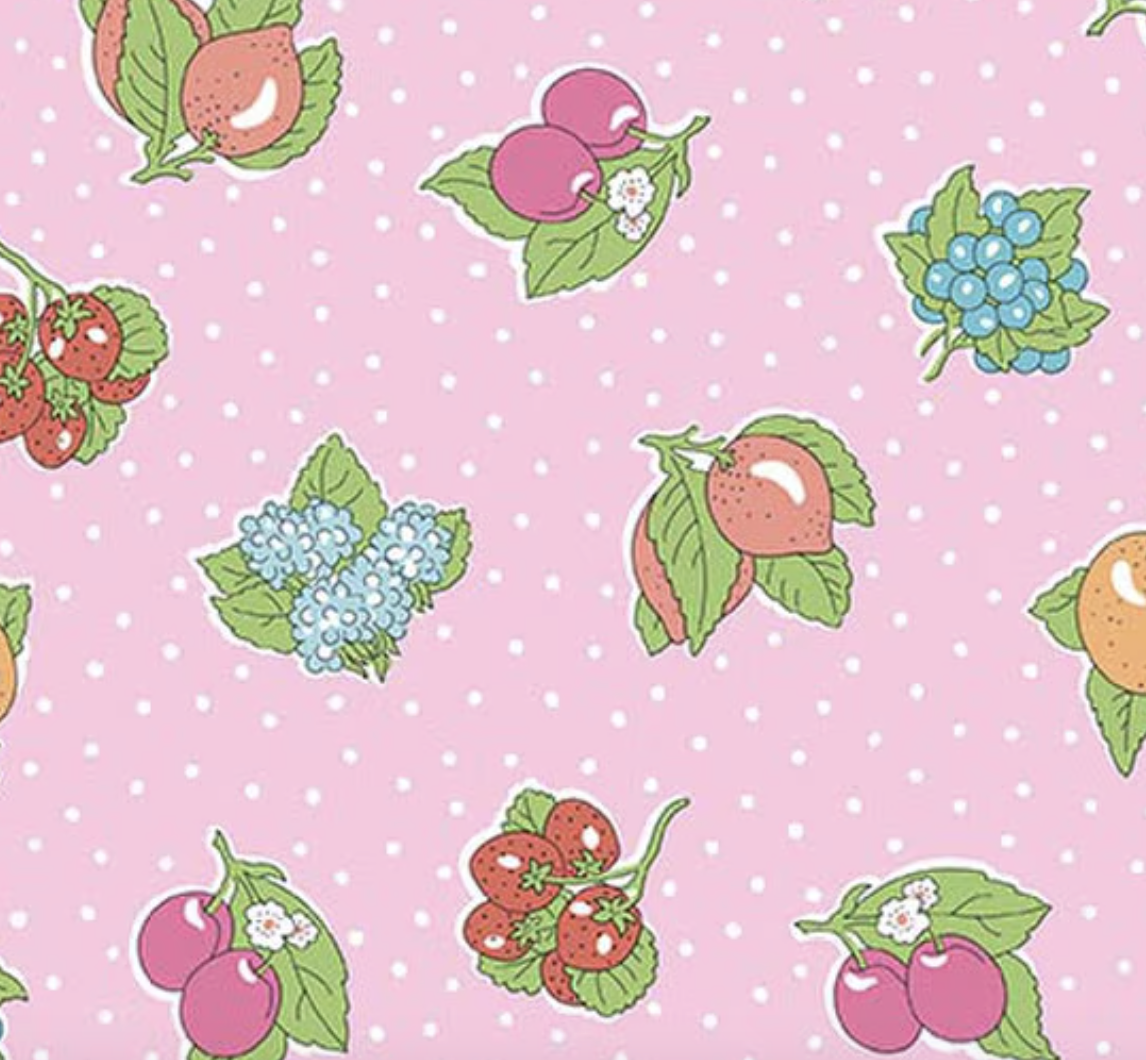 Liberty Gifts from the Garden Polka Fruit C - close up of fruit print on pink polka dot ground